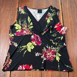 JTB Women's Size Large Top Tank Black Red Polyester‎ 80s Retro Floral Vneck